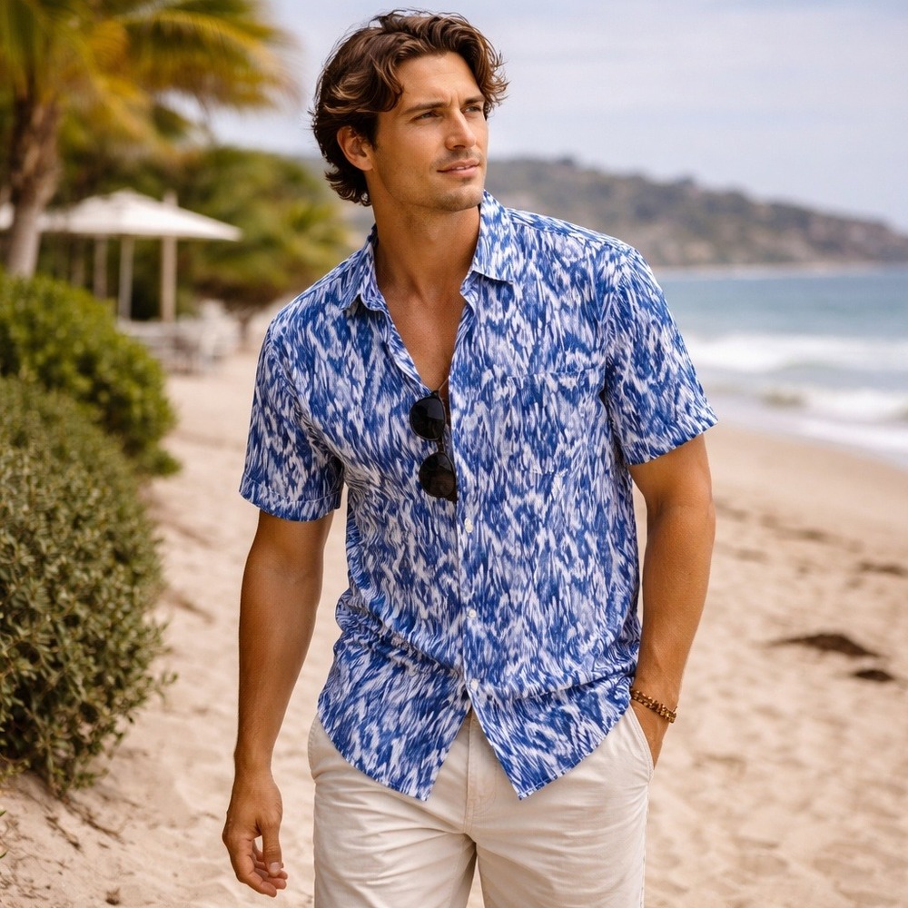 Tasso Elba Mens Large Blue White Abstract 100% Linen Button Down Shirt
